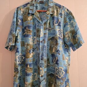 Authentic Hawaiian Men's Shirt XL Tropical Blue Turtle Hibiscus Made In Hawaii